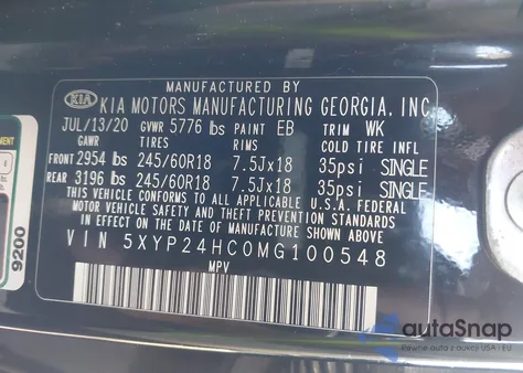 2021 Kia Telluride Lx z USA, uszkodzony, nr VIN 5XYP24HC0MG100548